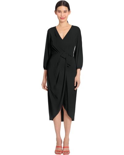 Maggy London Long Sleeve V-neck Faux Wrap Crepe Dress Event Party Occasion Guest Of - Black