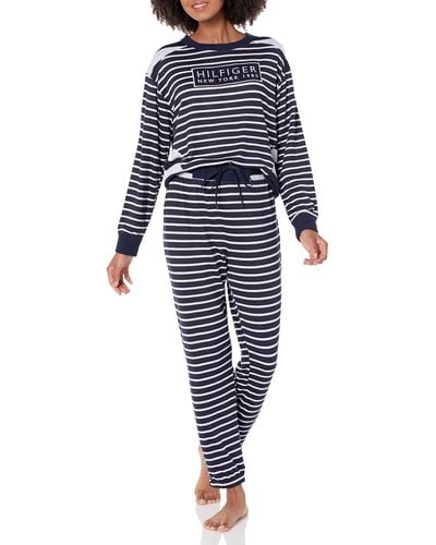 Tommy Hilfiger Womens Mixed Striped Long Sleeve Pullover Top & Turn Back Sweatpants Pj Pajama Set - Blue