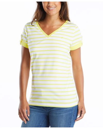 Nautica Womens Easy Comfort V-neck Striped Supersoft Stretch Cotton T-shirt T Shirt - Yellow