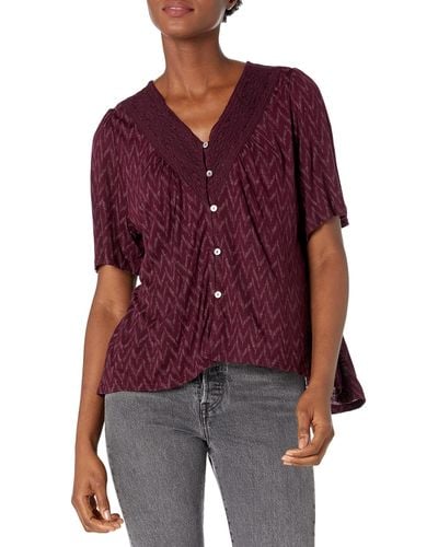 Lucky Brand Womens Flutter Sleeve Up Embroidered Boho Blouse Button Down Shirt - Purple