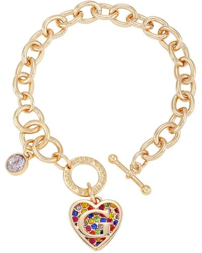 Guess Goldtone Rainbow Glass Heart Charm Toggle Bracelet - Metallic