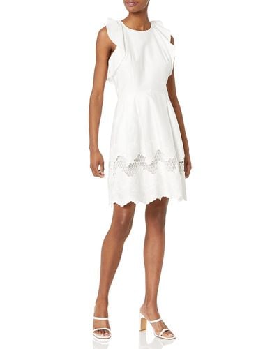 Rachel Roy Ruffle Shoulder Embroidered Hem Dress - White