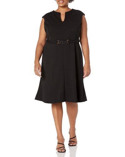 Maggy London Plus Size Notch Mock Neck Fit And Flare Crepe Dress - Black