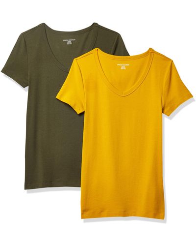 Amazon Essentials Camiseta de Cuello en Pico de ga Corta y Ajuste Entallado Mujer - Amarillo