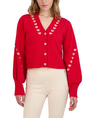 BCBGeneration Relaxed Long Balloon Sleeve Cardigan V Neck Button Front Sweater - Red