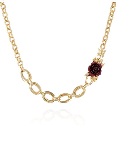 Guess Gold-tone Asymmetrical Mixed Chain Necklace With Rose Charm Accent - Metallic