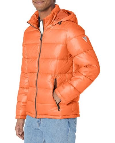 Guess Mid-weight Puffer Jacket With Removable Hood - Orange