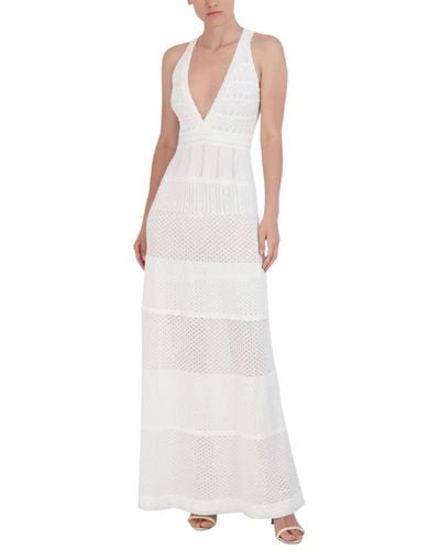 BCBGMAXAZRIA V Neck Sleeveless Pullover Mix Stitch Pointelle Midi Dress - White