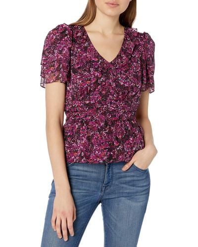 Parker Flutter Sleeve Top With V-neck And Peplum In Chiffon - Purple