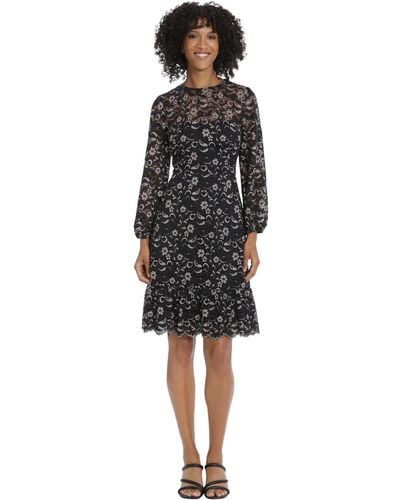 Maggy London Long Sleeve Floral Lace Fit And Flare Dress Occasion - Black
