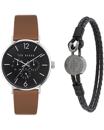 Ted Baker Gents Tan Leather Strap Watch & Leather Bracelet - Black