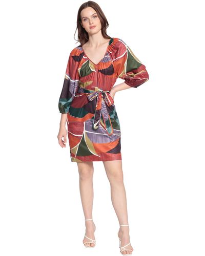 Donna Morgan Shirred V-neck Mini Dress With Puff Sleeves And Tie Waist