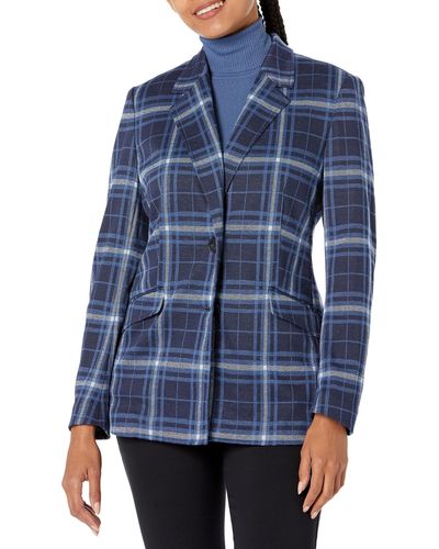 Jones New York Plaid Two Button Jacket With Squared Off - Blue