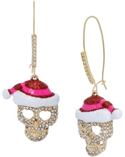 Betsey Johnson S Santa Skull Dangle Earrings - Pink