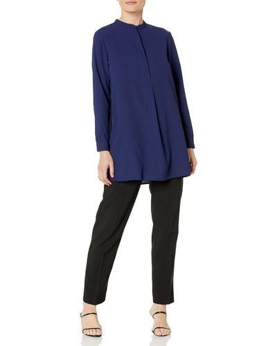 Anne Klein Petite Pop-over Blouse With Covered Placket And Side Slit - Blue