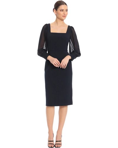 Maggy London Square Neck Dress With Sheer Long Puff Sleeves - Black