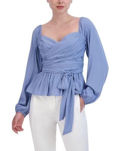 BCBGMAXAZRIA Fitted Peplum Top Off The Shoulder Long Sleeve Sweetheart Neck Smocked Back Bodice Shirt - Blue