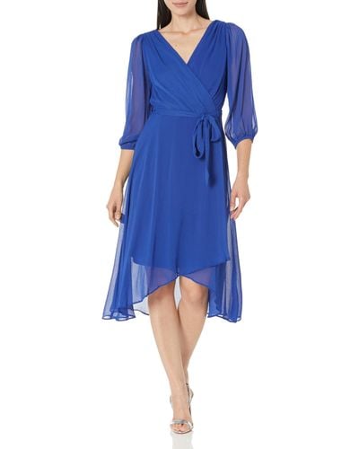 DKNY Chiffon Long Sleeve Faux Wrap Dress - Blue