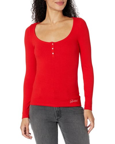 Guess Long Sleeve Karlee Jewel Button Henley - Red