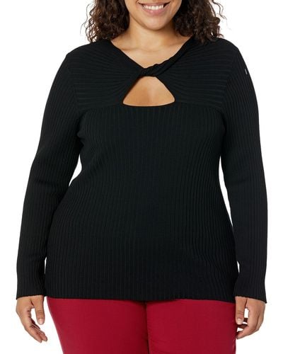 Calvin Klein Plus Size Everyday Viscose Nylon Knot Key Hole Ribbed Sweater - Black