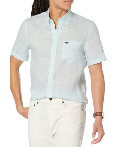 Lacoste Short Sleeve Regular Fit Linen Casual Button-down Shirt With Front Pocket - White
