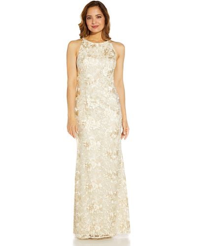 Adrianna Papell Floral Embroidery Halter Gown - Metallic