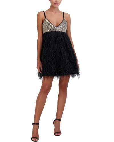 BCBGMAXAZRIA Sleeveless V Neck Sequin Feathered A Line Mini Dress - Black