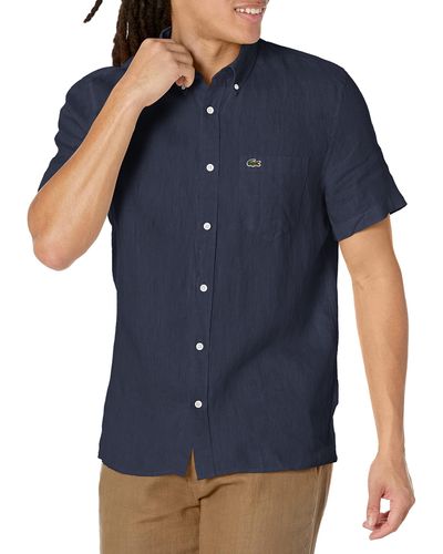 Lacoste Contemporary Collection's Short Sleeve Regular Fit Linen Casual Button Down Shirt With Front Pocket - Blue