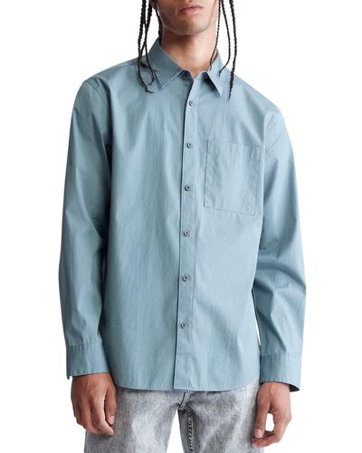 Calvin Klein Solid Pocket Long Sleeve Button-down Easy Shirt - Blue