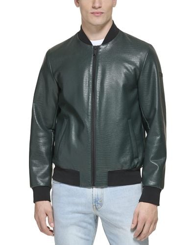DKNY Faux Leather Varsity Bomber Jacket - Gray