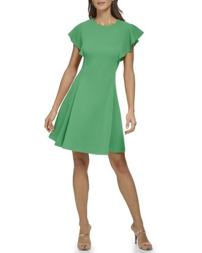 DKNY Flutter Sleeve Scuba Crepe Jewel Neck Dress - Green