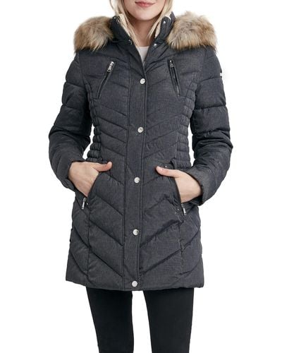 Laundry by Shelli Segal 3/4 Puffer Jacket With Faux Fur Striped Hood - Gray