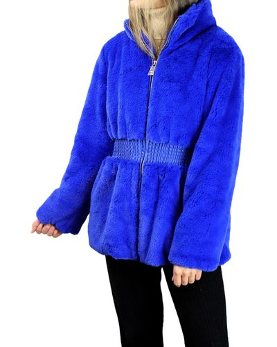La Fiorentina Plush Faux Fur Cinched Waist Jacket - Blue