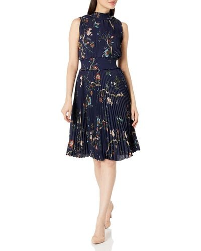 Nanette Lepore Smocked High Neck Pleated Dress - Blue