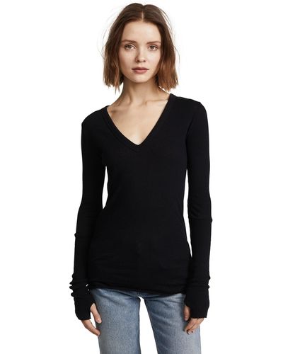 Enza Costa Womens Cashmere Long Sleeve Cuffed V-neck Top With Thumbhole T Shirt - Black