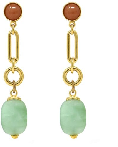 Ben-Amun Ben-amun Bohemian Chain Link Tear Drop Post 24k Gold Plated Earrings With Colorful Stone - Green