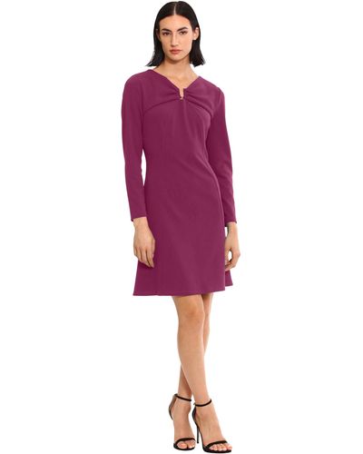 Donna Morgan Long Sleeve Fit And Flare Crepe U-ring Trim Dress Workwear Career Office Event Guest Of - Purple
