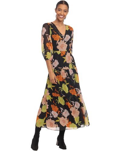 Donna Morgan V-neck Maxi Dress With Tiered Skirt And Back Cutout - Multicolor