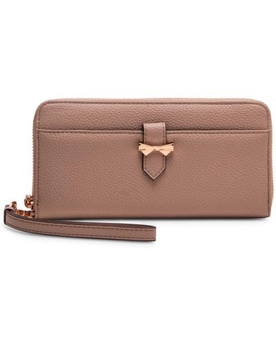 Anne Klein Ak Boxed Slim Zip Wallet With Bow Detailing And Wristlet Strap - Brown