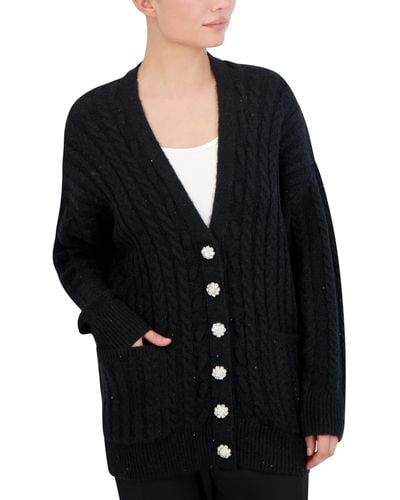 BCBGMAXAZRIA Long Sleeve V Neck Cable Cardigan Sweater - Black