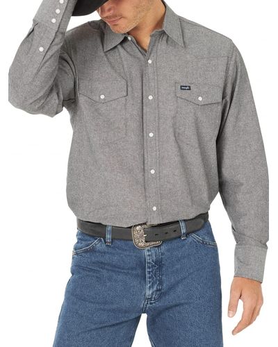 Wrangler Cowboy Cut Western Long Sleeve Snap Work Shirt Washed Finish Shirt - Gray