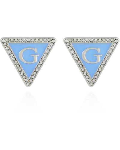 Guess Silvertone Button Earrings With Denim Blue G Logo
