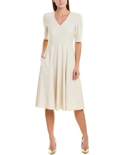Donna Morgan Stretch Crepe Elbow Sleeve V-neck Fit And Flare Midi Dress - Natural