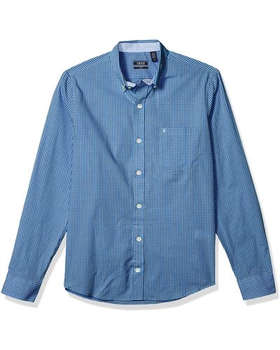 Izod Fit Button Down Long Sleeve Stretch Performance Gingham Shirt - Blue