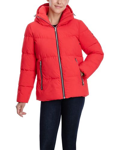 London Fog Short Puffer Jacket With Detachable Hood - Red