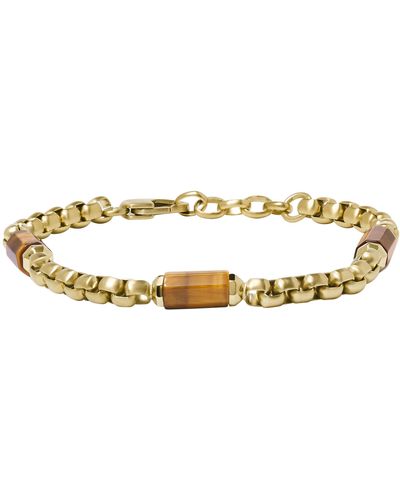 Fossil Stainless Steel Gold-tone/tigers Eye Box Chain Bracelet - Metallic