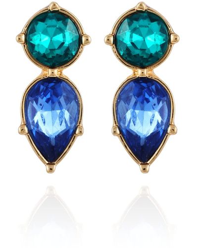 Guess Goldtone Double Blue And Sapphire Colored Stone Stud Drop Earrings - Metallic