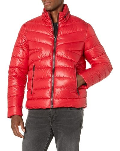 Kenneth Cole New York Mens Quilted Packable Contrast Puffer Jacket - Red