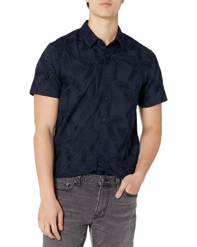 Guess Short Sleeve Floral Embrded Twill Shirt - Blue