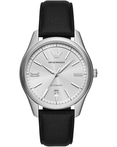 Emporio Armani Automatic Three-hand Date Silver And Black Leather Band Watch - Metallic